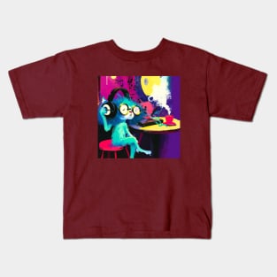 Hip Blue Cat Enjoys Some Music with a Cup of Coffee Kids T-Shirt